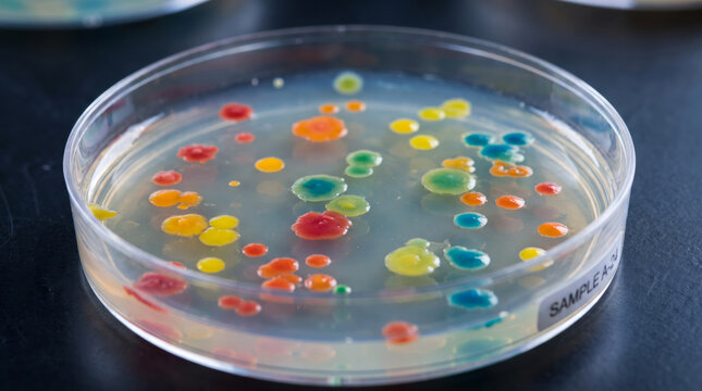 Petri Dish With Colourful Bacterial Colonies on Agar
