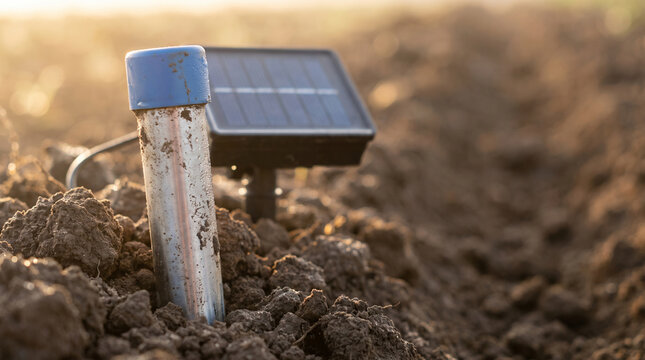 Solar Powered Soil Moisture Sensor Probe in Tilled Earth