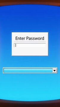 A blue computer screen with copied file and password entry lines, old operating system