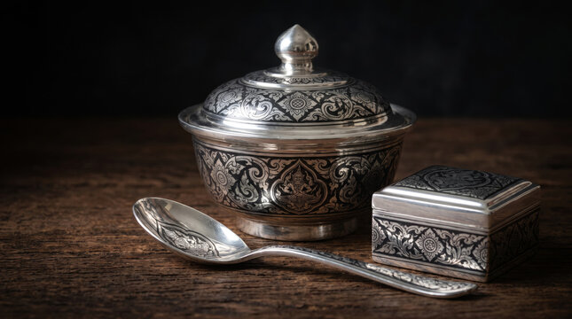 Thai Niello Silverware With Intricate Black Inlay