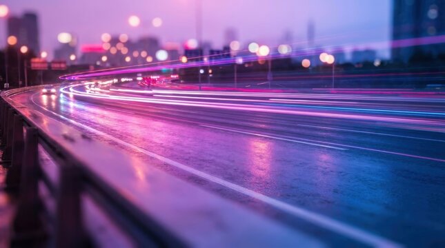 Long exposure light trails on a city highway at night with vibrant purple and blue neon colors.