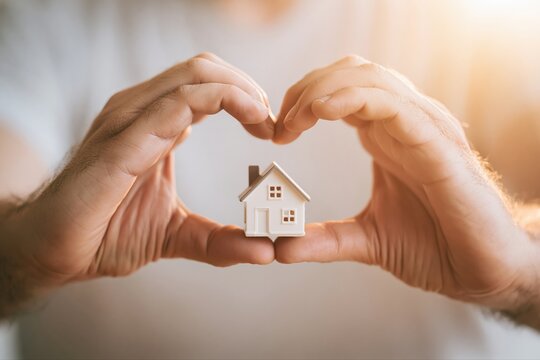 Hands forming heart shape around tiny house, symbolizing love, home ownership, and real estate investment