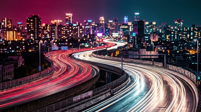 A long exposure photograph of a busy highway at night with vibrant light trails and city skyline.