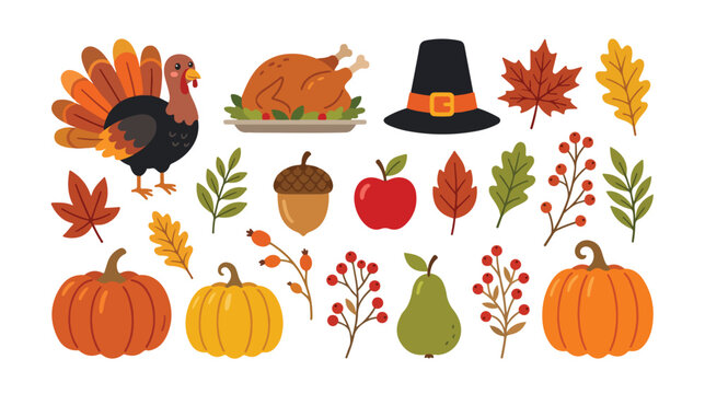 Thanksgiving holiday vector collection, autumn harvest celebration elements, traditional festive food and decor. Roasted turkey, pilgrim hat, pumpkins, fall leaves, berries