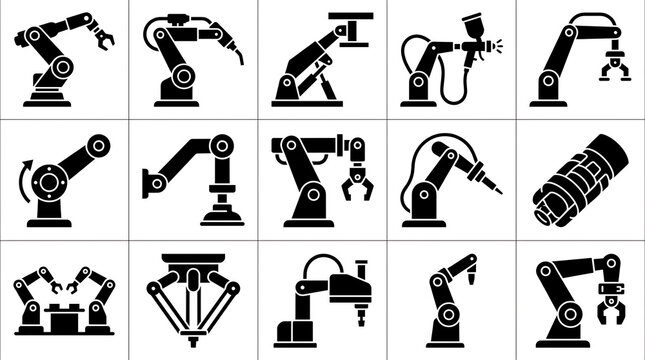 Industrial Robotic Arm Set Factory Automation Mechanical Manipulators Vector Icons
