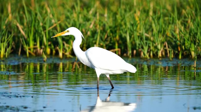 Egrets standing in the water, ecological painting of egrets strolling in the water
