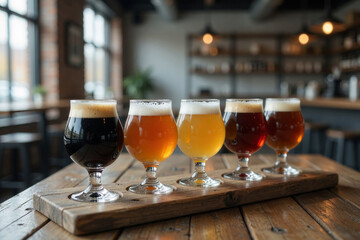 Naklejka premium Craft beer flight sampler on wooden table in cozy bar rustic pub interior with natural light and assorted ale color social tasting experience and relaxation Microbrewery artisan craft beer concept