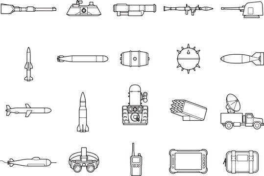 A collection of stylized line art icons depicting various military weapons and technology, including missiles, submarines, radar systems, and firearms, presented in a clean, graphic format.