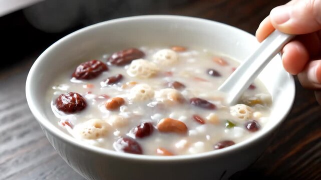 Close up of nutritious porridge filled with grains and grains, steaming hot eight treasure porridge