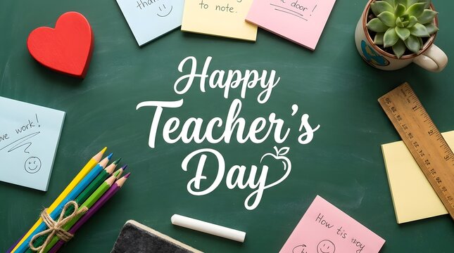 Top view of school supplies on green chalkboard with happy teachers day greeting message