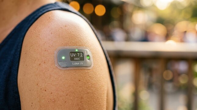 Health Monitor Patch: A close-up shot of a person's shoulder wearing a discreet health monitoring patch, displaying vital signs and featuring a green LED light.