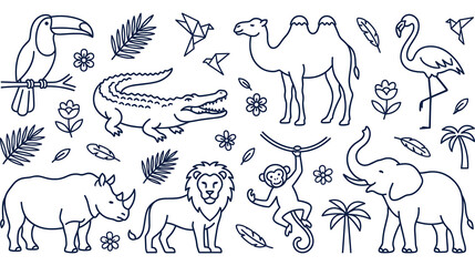 Wildlife animals line art collection including elephant lion rhino camel toucan and monkey. © MST. RATNA AKTER
