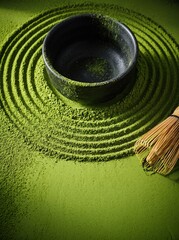 Naklejka premium Matcha powder zen garden with a black tea bowl and bamboo whisk