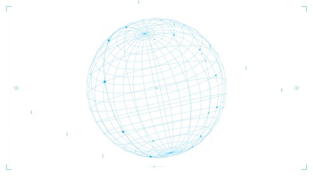 Rotating digital blue wireframe sphere on white background