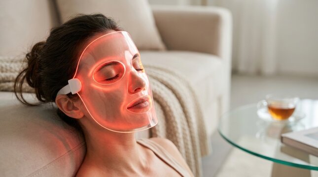 Woman with LED Face Mask: A woman relaxing at home, wearing a futuristic red LED light therapy mask for skincare, promoting a sense of calm and self-care in a modern living space.