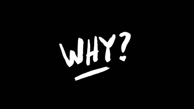 White hand-drawn scribble animation asking Why on a black background conceptual query motion graphic Video 4K