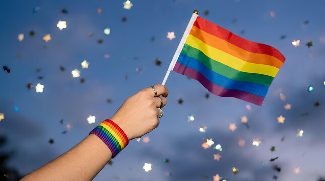 Hand holding rainbow pride flag against colorful bokeh background.