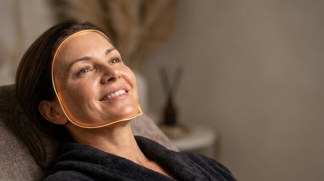 Facial Contour Treatment: A smiling woman enjoying a relaxing cosmetic facial treatment, with an orange overlay highlighting the facial contour being worked on.