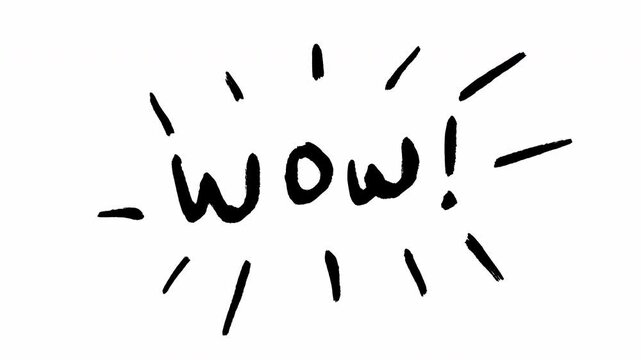 Hand-drawn black ink scribble animation of the word wow with exclamation mark and burst effect on white Video 4K