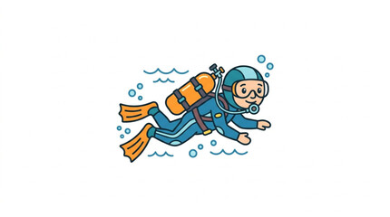 Cartoon scuba diver swimming underwater with gear. © riki