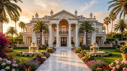 Obraz premium Luxury mansion exterior with landscaped garden and fountain at sunset, fountain