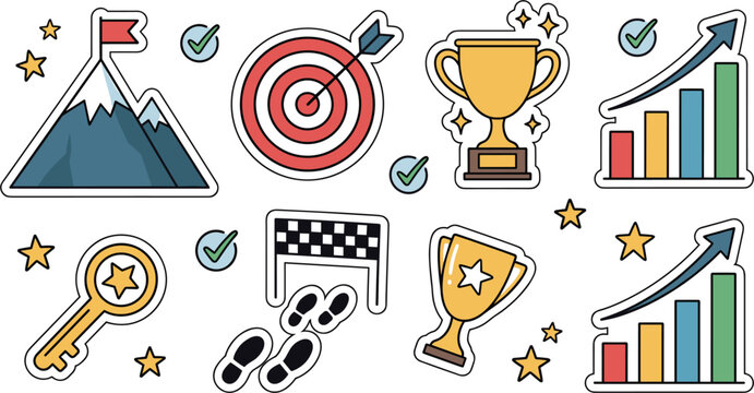 Business Success and Goal Achievement Vector Sticker Set Featuring Trophy, Target, Growth Chart, Mountain Peak, Key, and Finish Line for Motivation Designs