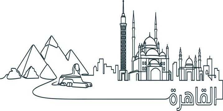 Cairo Egypt Skyline Continuous Line Art Vector Illustration Featuring Pyramids, Great Sphinx, Cairo Tower, Muhammad Ali Mosque, and Arabic Typography Calligraphy