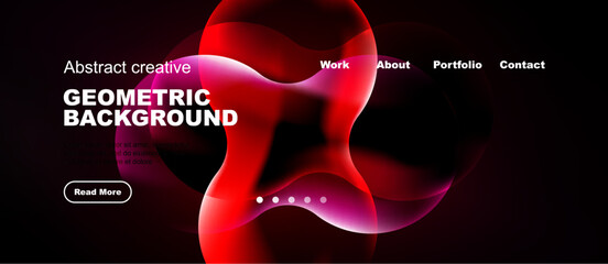 Naklejka premium Dynamic abstract background features vibrant red shapes, dark tones. Website header includes navigation options, text elements.