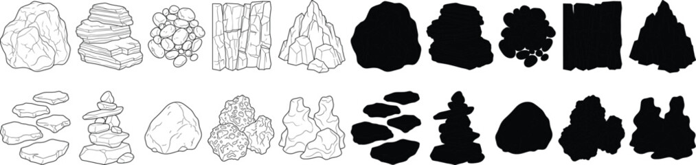 Rock and Stone Silhouette and Outline Vector Collection for Nature Design Projects © RIYAD CREATORS