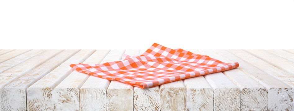 Selective focus.White rustic wood top with fabric cloth background for design product