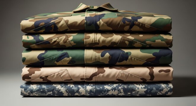 Stack of Folded Military Camouflage Uniforms and Jackets on Gray Background