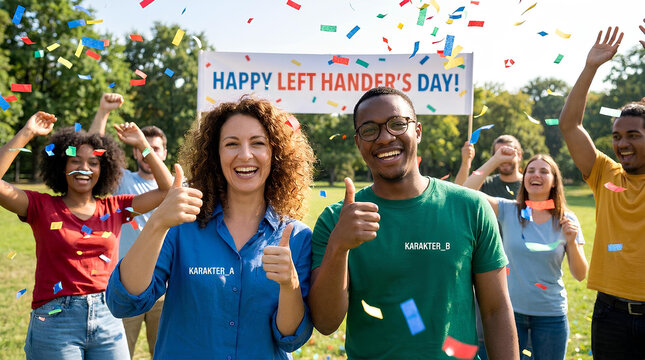 Happy Left Handers Day celebration with diverse smiling people.
