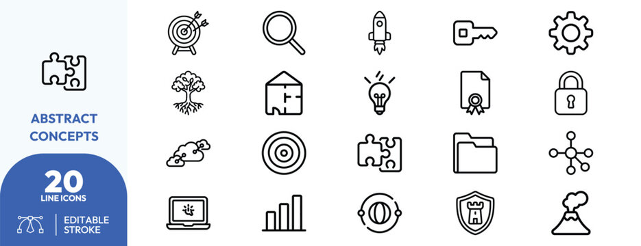 Abstract concept set. magnifier, rocket, key, gear, tree, house, lightbulb, document, lock, folder, shield, volcano, cloud, bar chart, puzzle, globe, and compass. Editable stroke. Vector illustration.