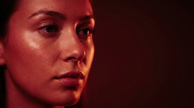 Intense Gaze: A woman's face bathed in a dramatic red light, her expression intense and contemplative, hinting at deep thought or inner turmoil.