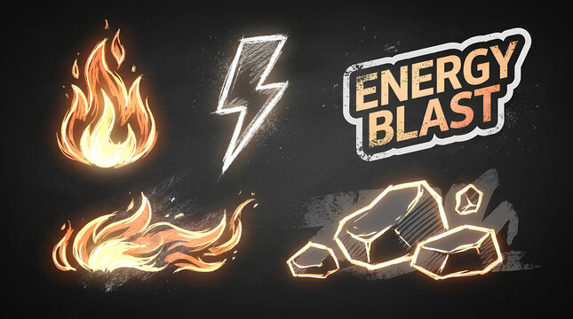 Glowing fire and lightning energy blast icons set.