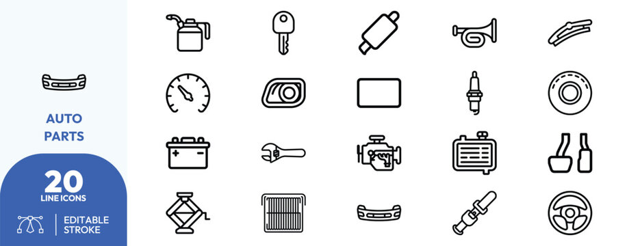 Automotive repair set. Fuel can, ignition key, air filter, horn, pliers, spark plug, speedometer, brake disc, battery, wrench, engine block, fuse box, radiator. Editable stroke. Vector illustration.
