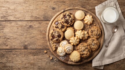 Fototapeta premium Assorted Cookies with Fresh Milk Flat Lay