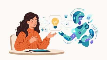 Naklejka premium Woman brainstorming new idea with artificial intelligence robot concept vector illustration