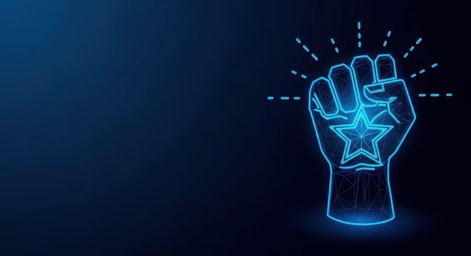 Glowing Blue Fist Symbolizing Power and Victory Against a Dark Digital Background