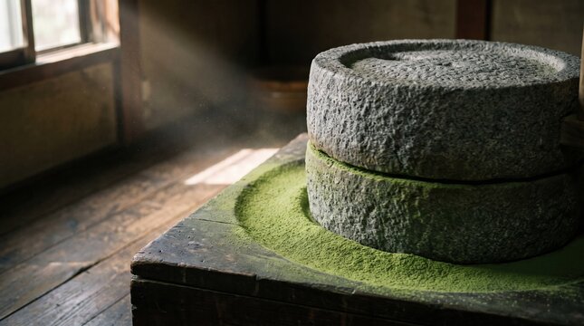 Matcha stone mill grinding tencha leaves into fine green tea powder