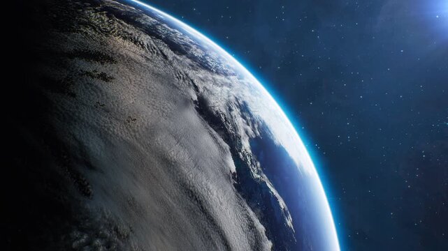 Cinematic Planet Earth Rotating in Dark Outer Space galaxy with Stars Background.