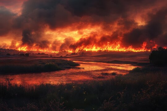 California River Fire burns through Salinas Valley in Monterey County, creating a dramatic and fiery landscape against the evening sky