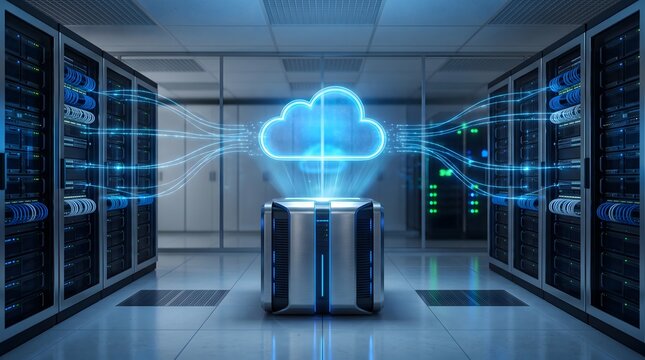 Glowing blue cloud data in futuristic server room for data storage.