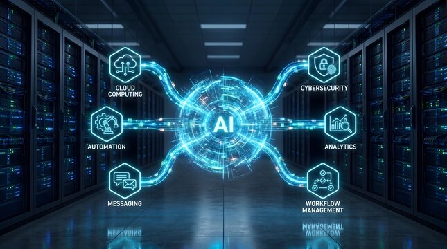 AI core powering cloud computing and automation in server room.