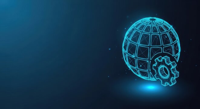 Glowing blue digital globe network concept with interconnected lines on a dark abstract background
