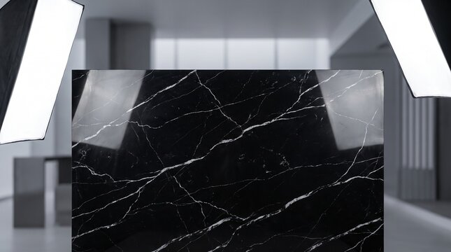 Ultra realistic Black Nero Marquina marble surface with elegant white veins, luxury copy space background for perfume, jewelry, cosmetics, branding, mockups, and premium product display.