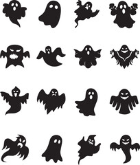 Obraz premium Diverse collection of black ghost silhouettes featuring various spooky and friendly spirits ideal for Halloween graphic design and seasonal projects