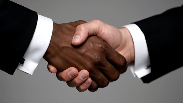 Two diverse human hands with different skin tones engage in a firm handshake