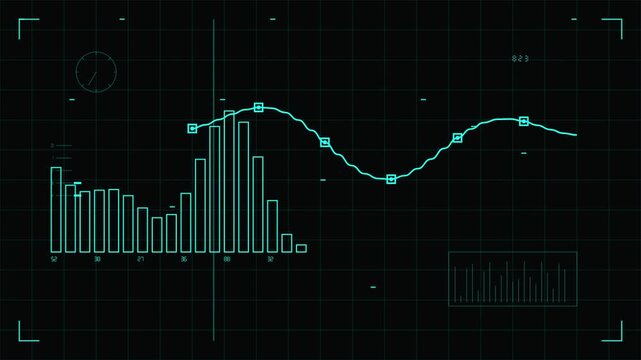 Glowing cyan digital hud displaying animated data graphs and charts