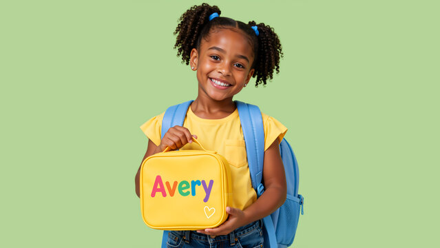 Smiling young Black girl with backpack holding a yellow lunchbox. Happy schoolgirl with personalized lunch box on green background. Back to school concept